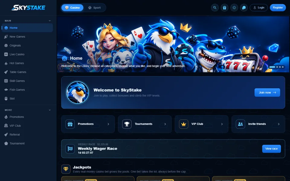 The app.skystake.bet casino lobby